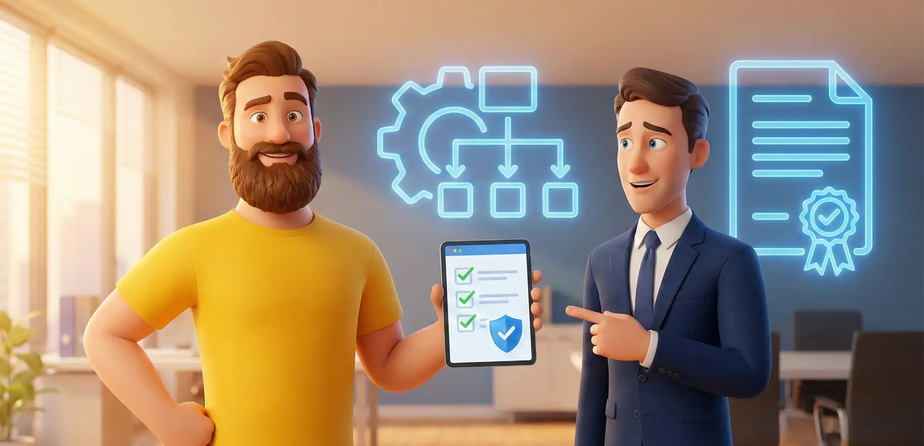 Jens die VEFK und Stefan der Geschäftsführer visualisieren die Lösung für das Organisationsverschulden mit einer Checkliste und einem Schutzschild auf dem Tablet.