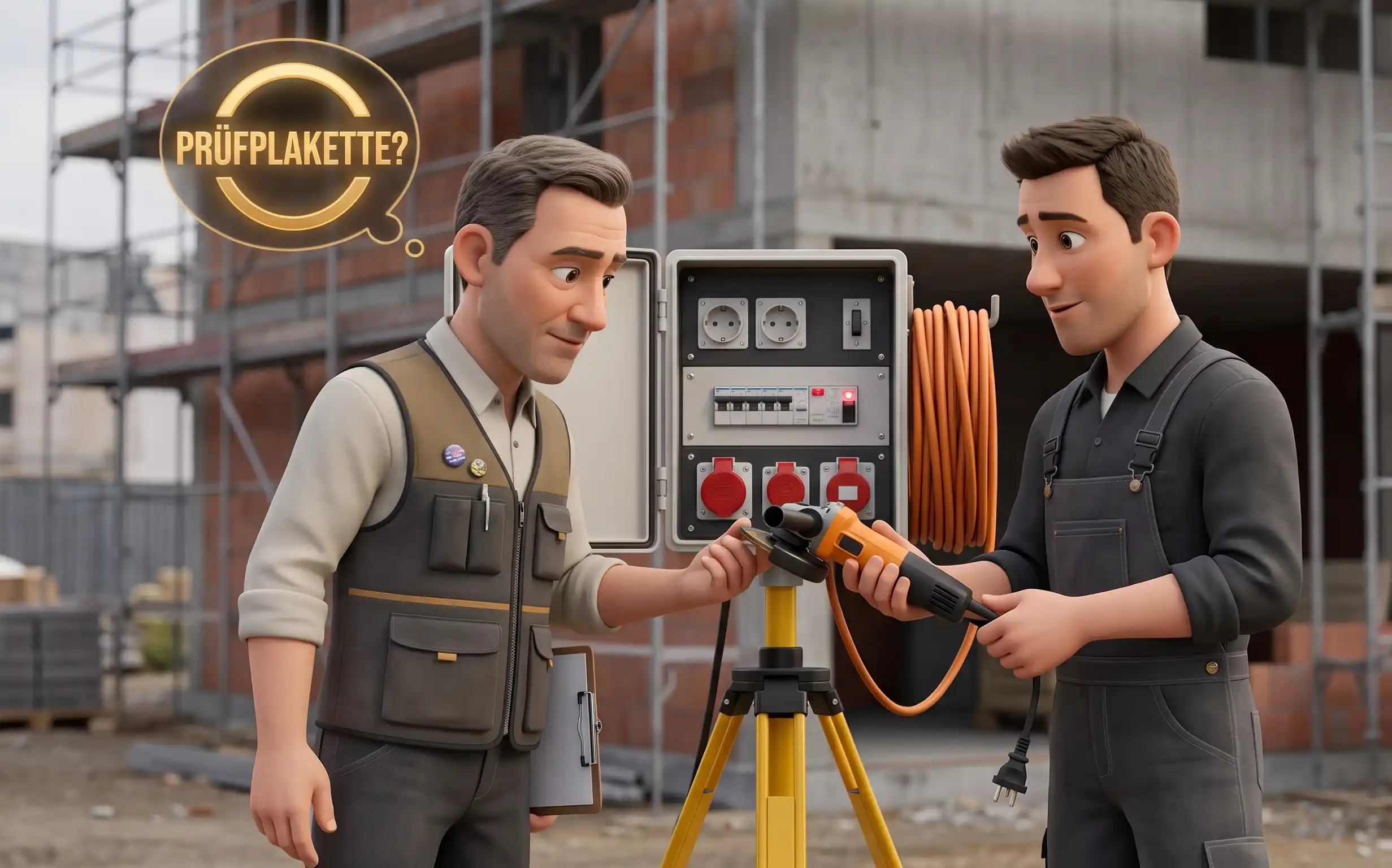 Unternehmer kontrolliert Elektrowerkzeug einer Fremdfirma am Baustromverteiler nach DGUV Information 203-006 – Pixar 3D Illustration