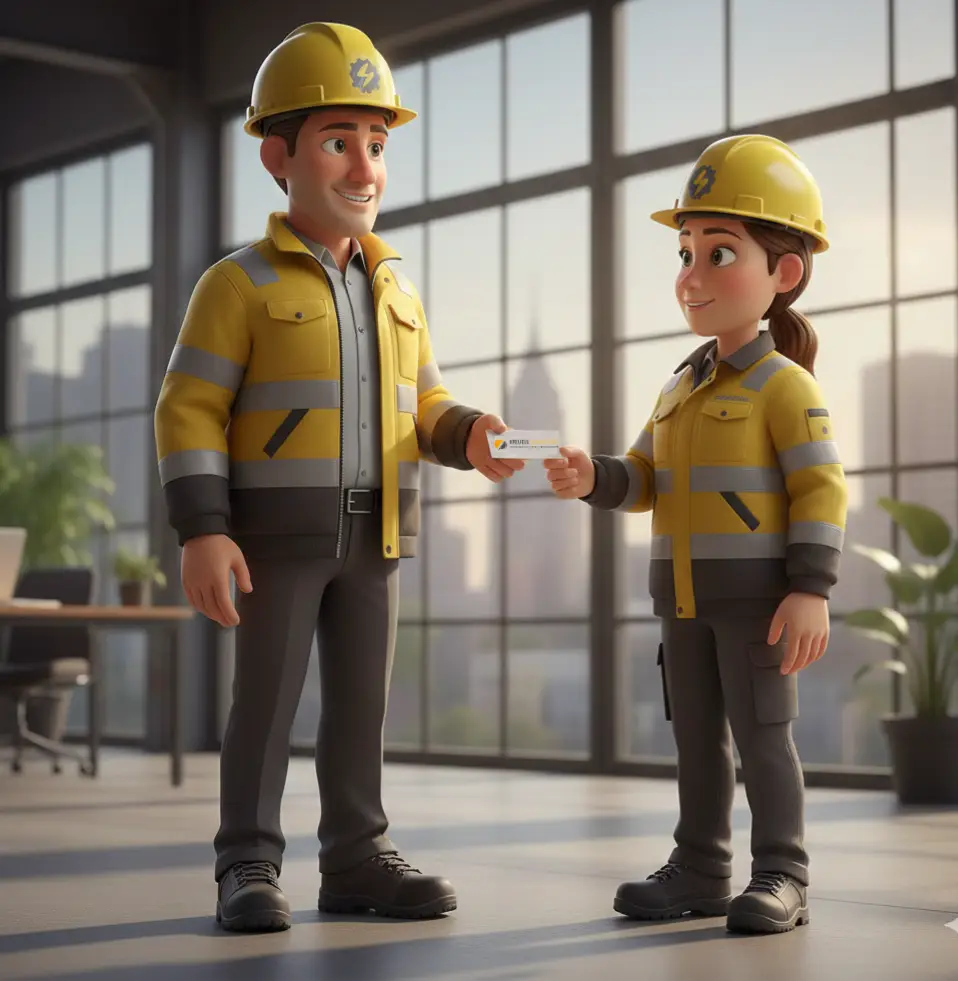 Dienstleistungen für elektrische Sicherheitsberatung - Kreuels Consulting Kreuels Consulting elektrische Sicherheitsberatung: 3D-Illustration eines Experten, der eine Visitenkarte für gewerbliche elektrische Sicherheit übergibt.