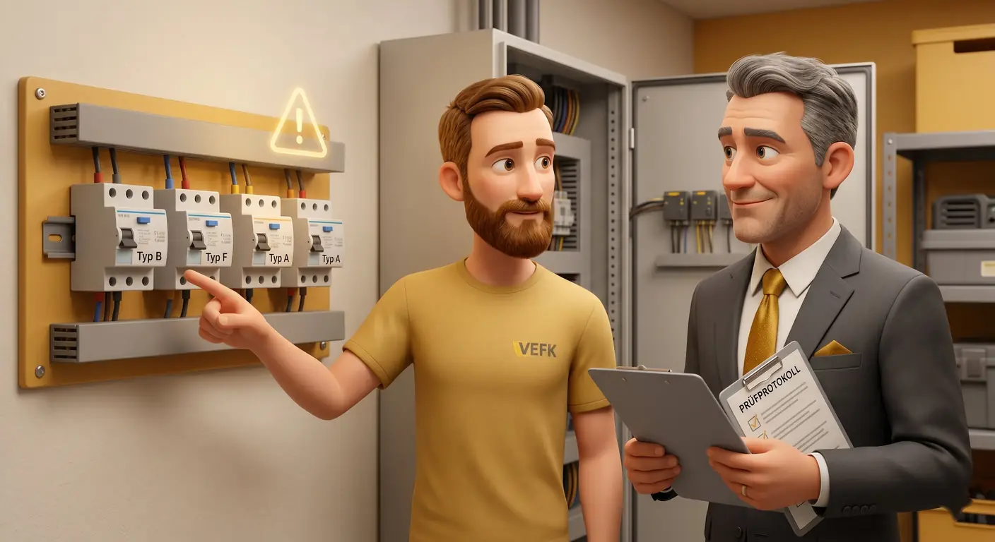 Jens (VEFK) erklärt Stefan Meier die FI-Schutzschalter Typen A, B und F an einer Hutschiene im Elektroraum