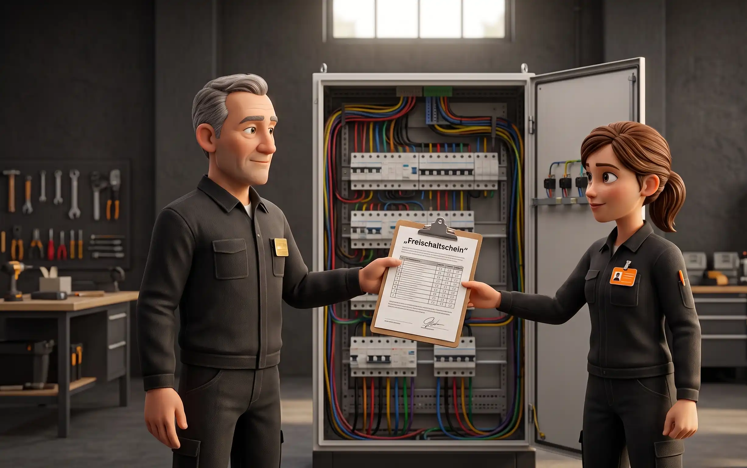 Anlagenverantwortlicher übergibt Freischaltschein nach DIN VDE 0105 Teil 100 am Schaltschrank – Pixar 3D Illustration