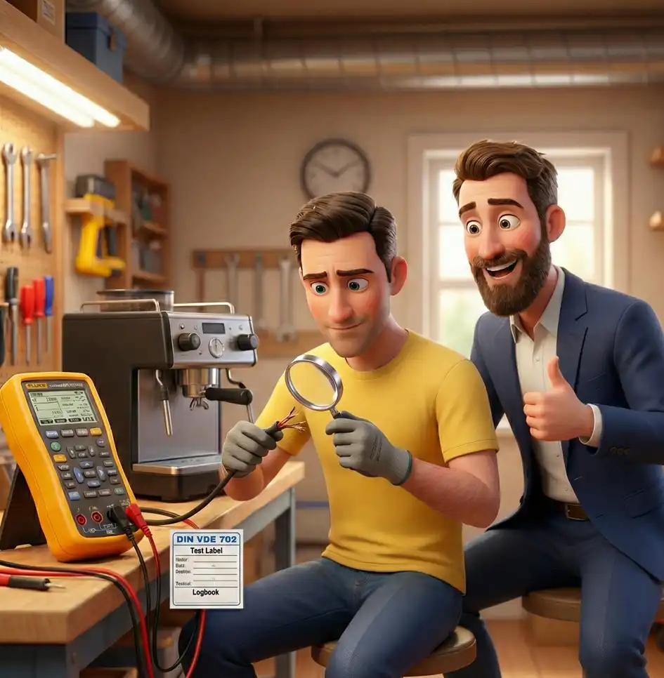 3D-Animation einer Sichtprüfung im Rahmen der Geräteprüfung nach DGUV V3: Fachkraft Jens (gelbes Shirt) untersucht mit einer Lupe das defekte Anschlusskabel einer Kaffeemaschine, während Geschäftsführer Stefan (Anzug) zufrieden einen Daumen hoch gibt. Im Hintergrund ist ein Fluke Gerätetester zu sehen.