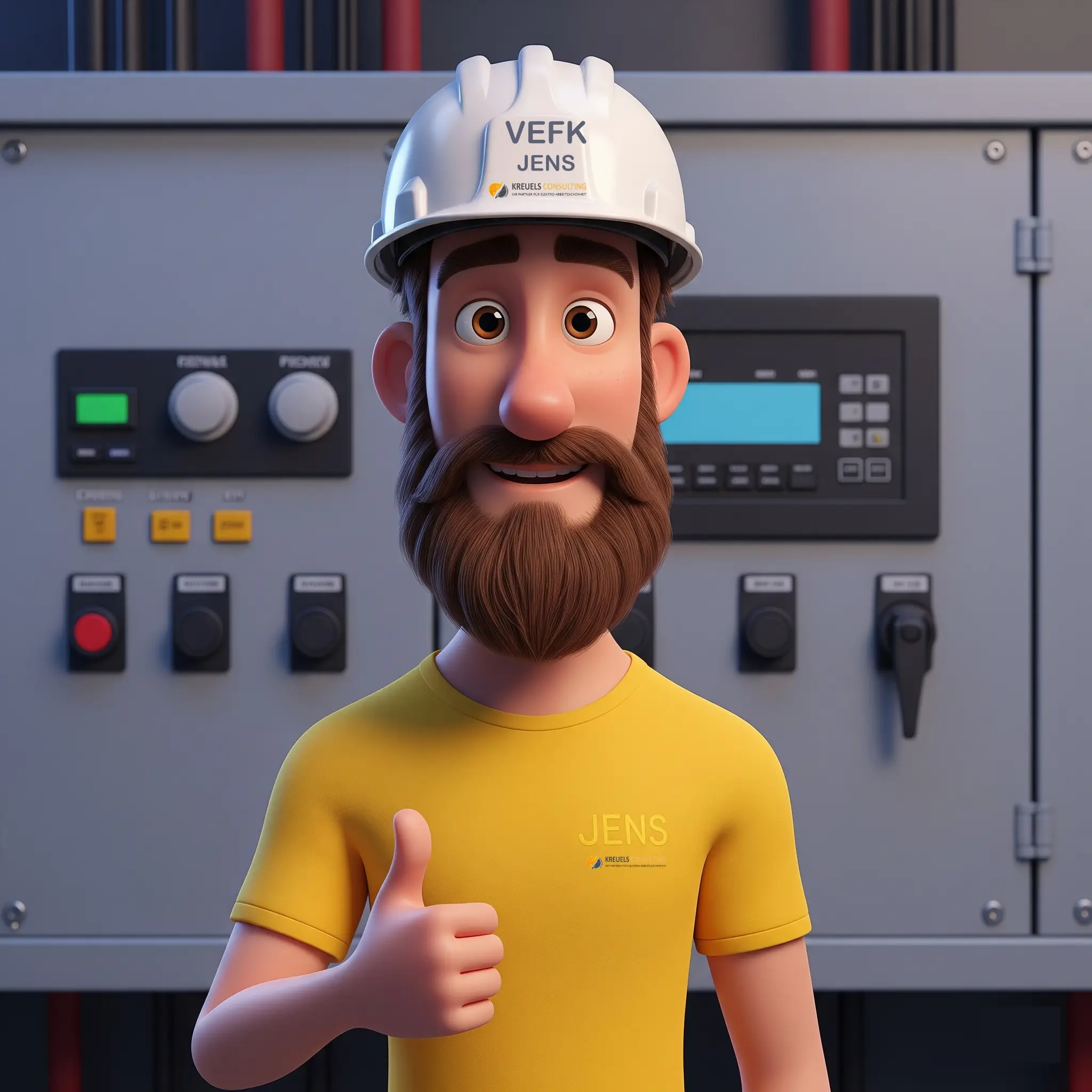 Jens - Ihr VEFK Experte für Elektrosicherheit Jens der VEFK-Mentor: Avatar von Kreuels Consulting mit Schutzhelm und Daumen hoch vor einer Schaltanlage