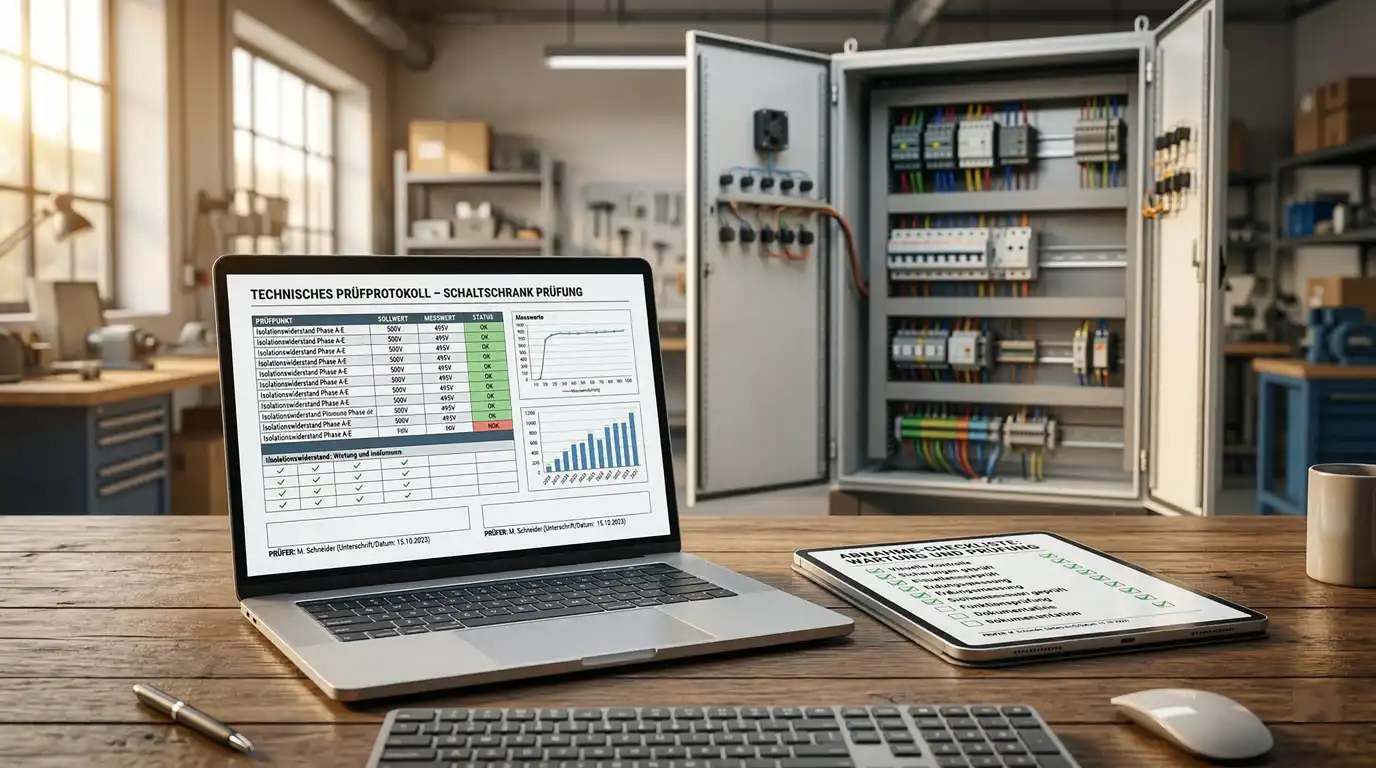 Prüfprotokoll nach VDE 0105-100 – Laptop und Tablet mit technischem Prüfprotokoll und Schaltschrank