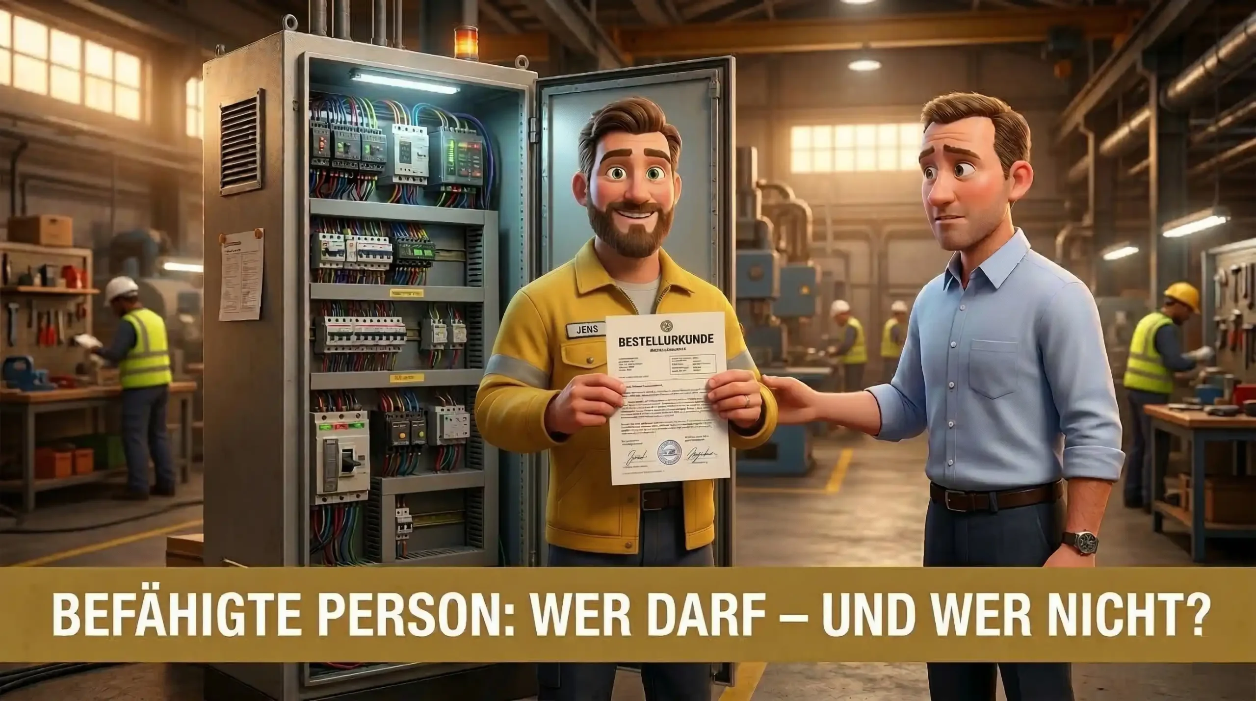 Jens als befähigte Person nach TRBS 1203 erhält Bestellurkunde vor geöffnetem Schaltschrank – Kreuels Consulting