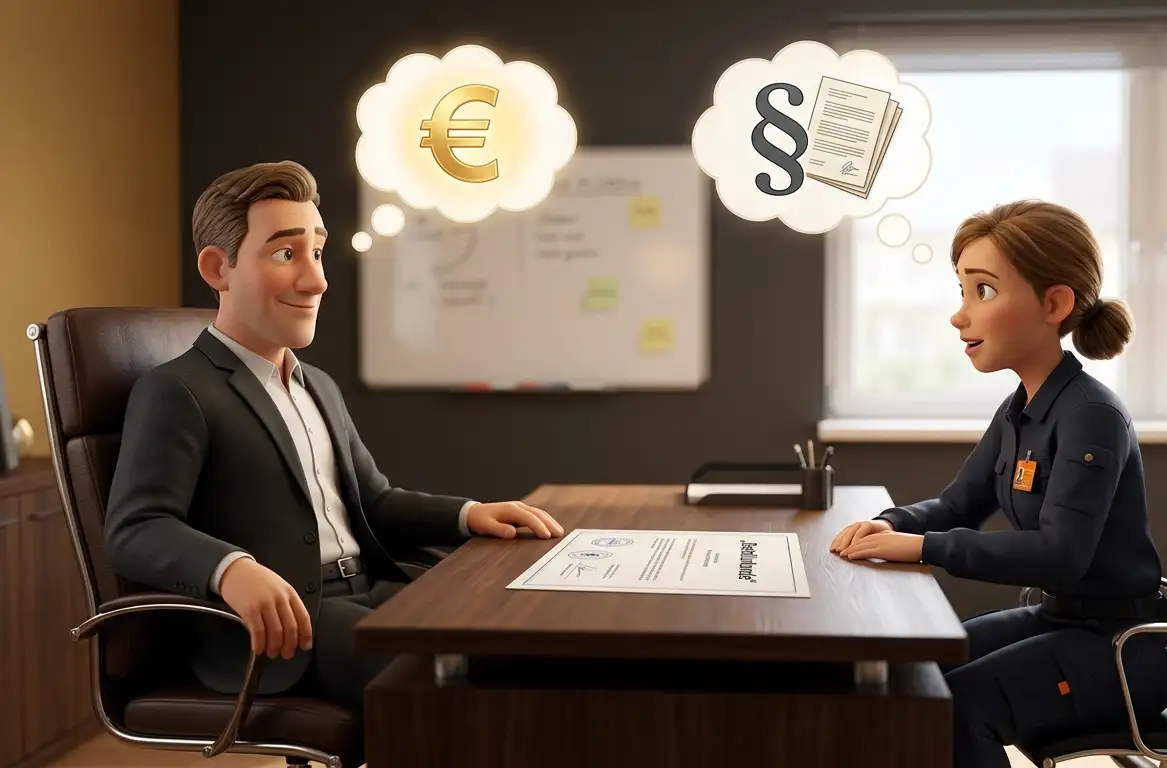 Geschäftsführer und VEFK sitzen am Tisch mit Bestellurkunde – Pixar 3D Illustration