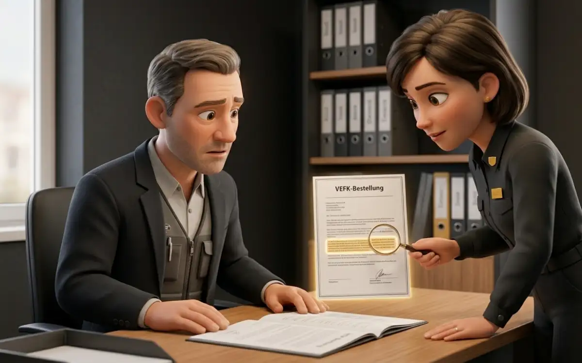 VEFK-Bestellung im Detail geprüft nach VDE 1000-10 – Pixar 3D Illustration zum Organisationsverschulden
